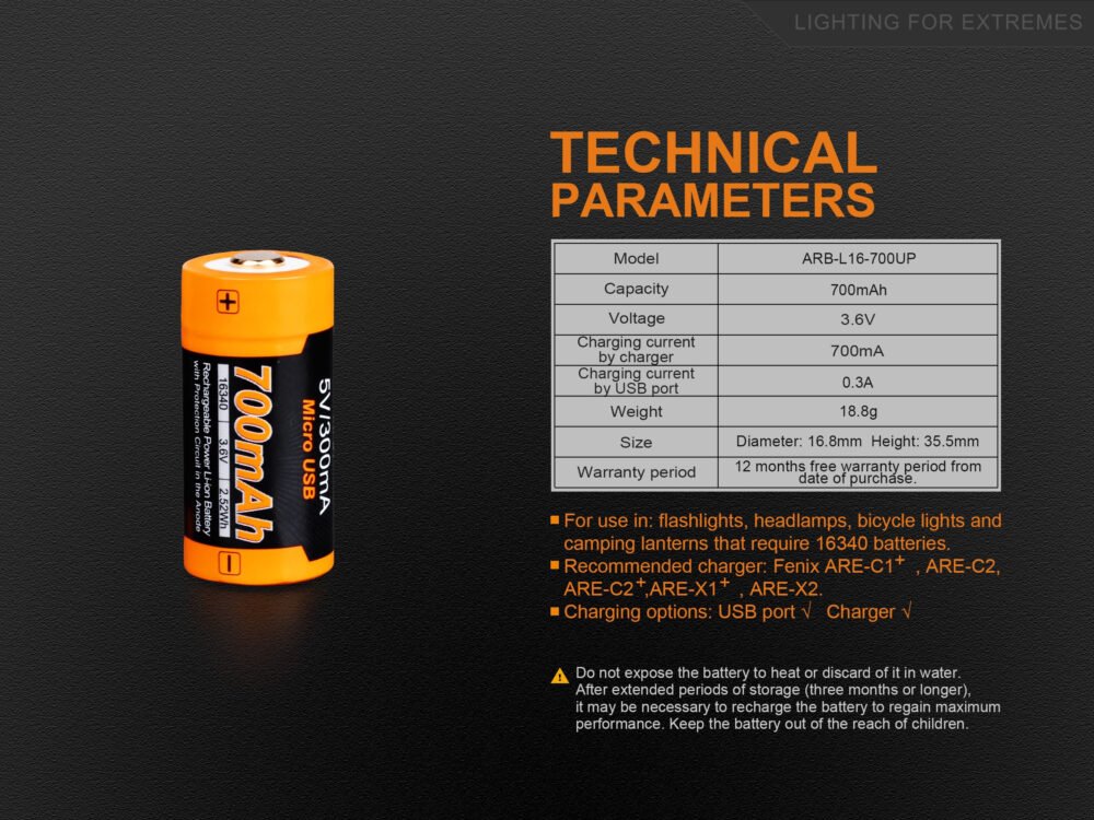 Charging battery Fenix RCR123A / 16340 High Current (Li-ion)
