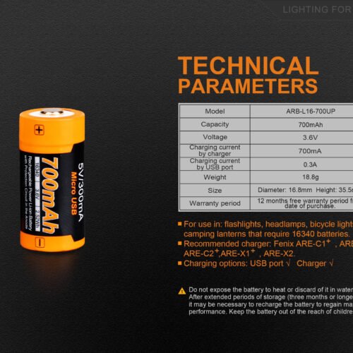 Charging battery Fenix RCR123A / 16340 High Current (Li-ion)