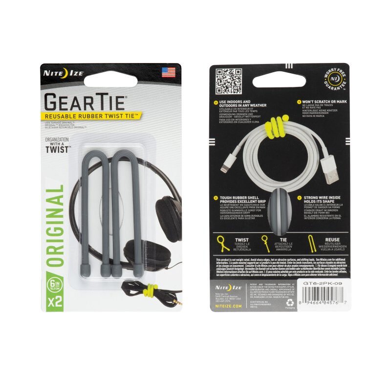 GEAR TIE(R) REUSABLE RUBBER TWIST TIE(TM) (2pcs), Charcoal - length 6"