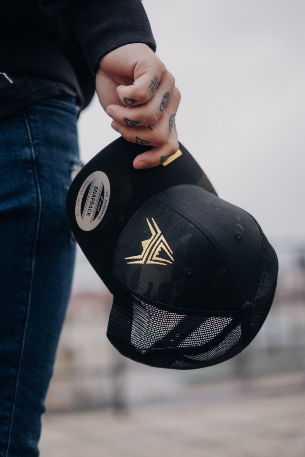 Retro Trucker Cap ANAREUS Spider logo yellow - Multicam BLACK(R)