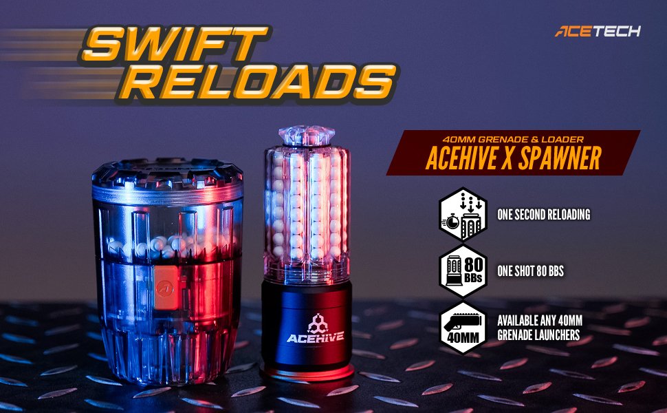 AceTech AceHive 40mm Gas Grenades, 80 BBs (2 pcs) and SPAWNER Loader - Transparent