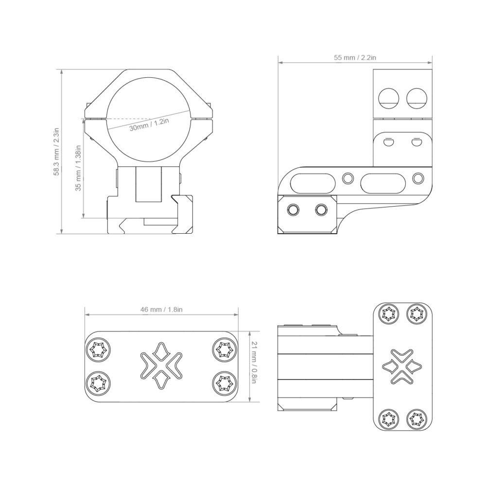 VO Cantilever Adjustable Mounting Rings for 30mm Riflescope - Black