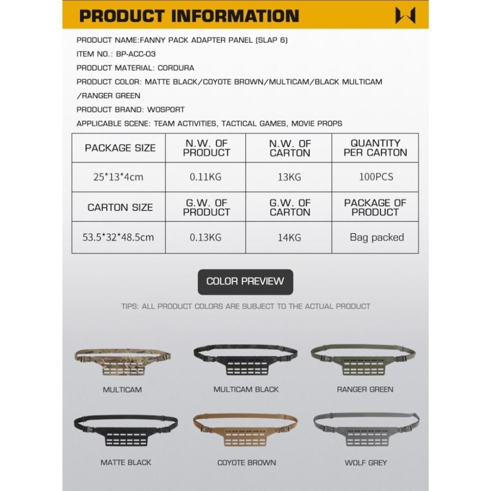 WST Fanny Pack Molle Adapter Panel , Large (6 Rows) - Black