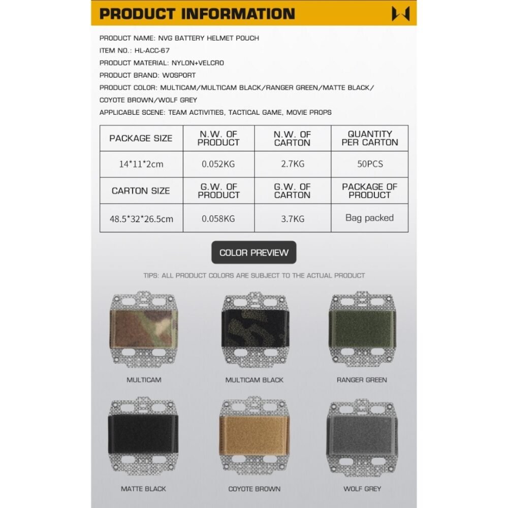 WST NVG Battery Helmet Pouch, Velcro Mount - Black