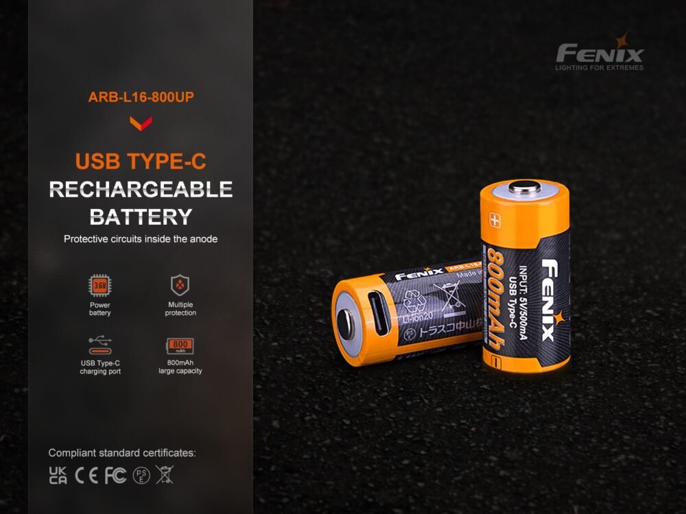 FENIX Rechargeable USB-C Battery RCR123A 3.6V - 800 mAh