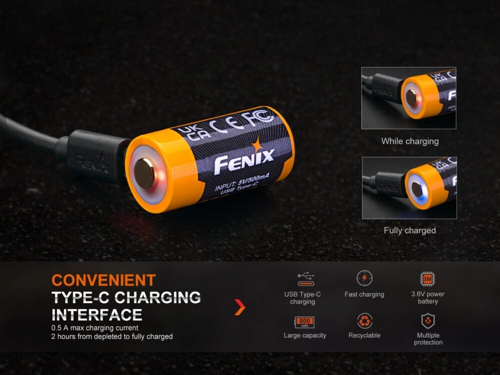 FENIX Rechargeable USB-C Battery RCR123A 3.6V - 800 mAh