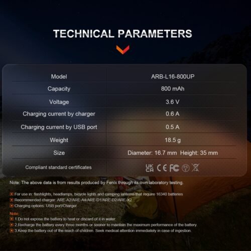FENIX Rechargeable USB-C Battery RCR123A 3.6V - 800 mAh