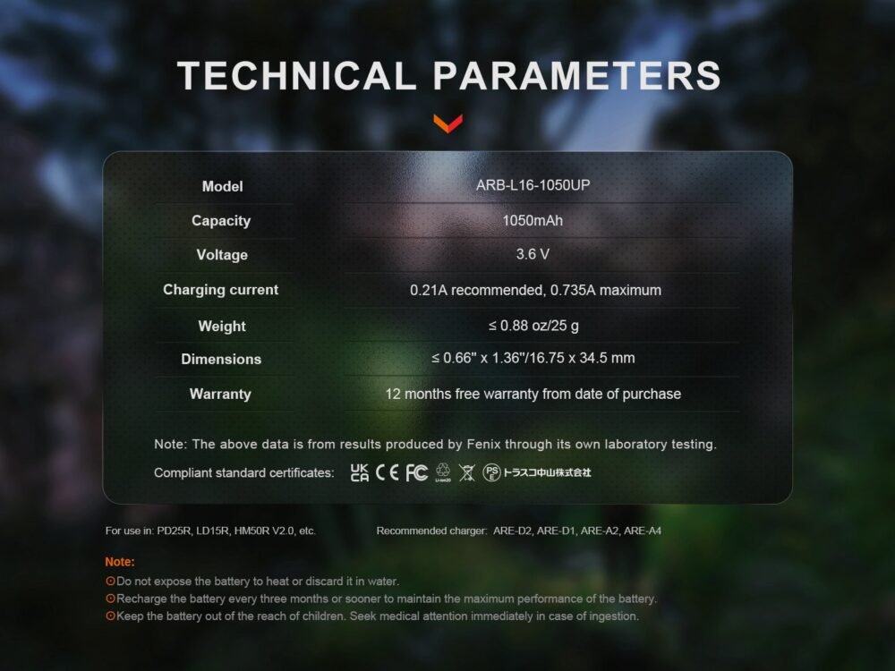 FENIX Rechargeable USB-C Battery RCR123A 3.6V - 1050 mAh