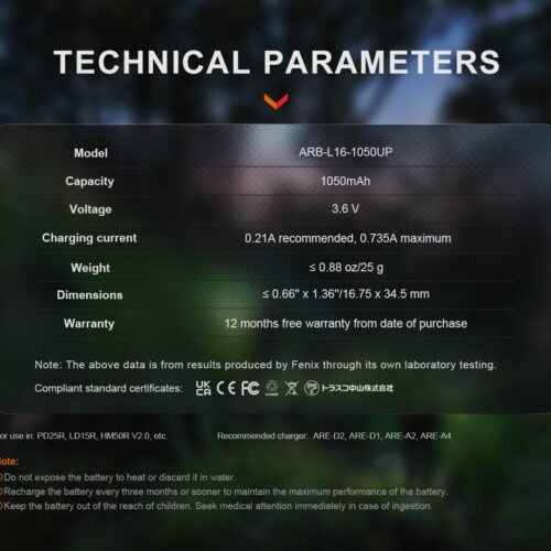 FENIX Rechargeable USB-C Battery RCR123A 3.6V - 1050 mAh
